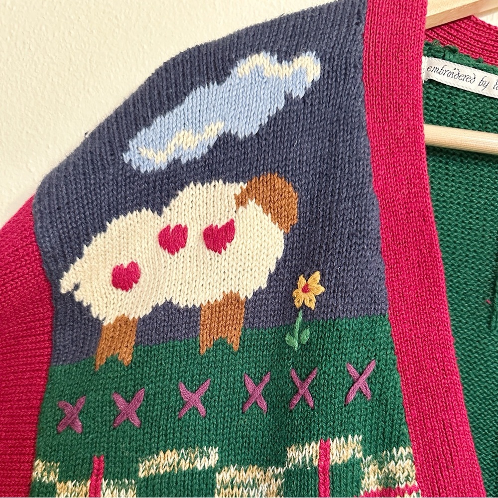 Vintage Patchwork Farmhouse Cardigan Sweater Cottagecore Apple Barn Sheep Knit - Picture 3 of 6